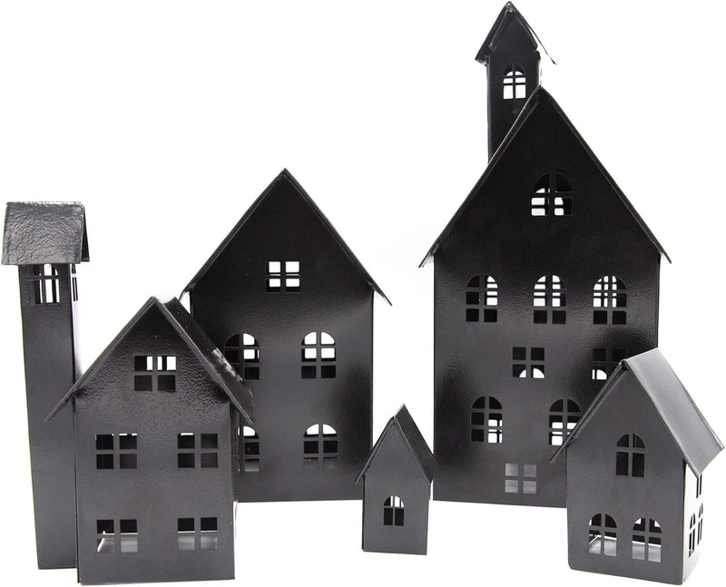 UNUS Deko Häuser 5er Set, Lichthäuser aus Metall, in Schwarz, Herbstdeko Outdoor, Weihnachtsdorf für