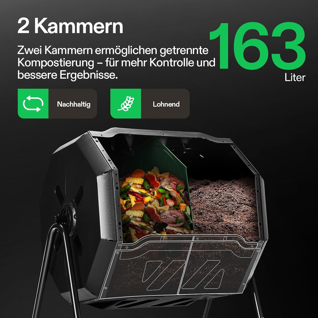 VIVOSUN Trommelkomposter 163L, Drehbarer Schnellkomposter mit 2 Kammern, Robuster Kunststoff Gartenk