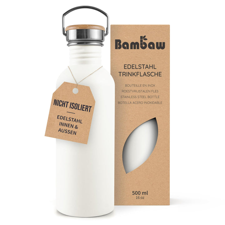 Bambaw Trinkflasche Edelstahl 500ml, Nicht-isolierte Trinkflasche Weiss, Fahrrad Trinkflasche Edelst