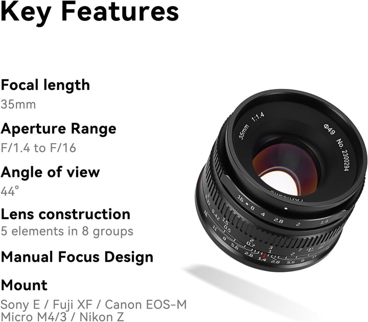7artisans 35mm F1.4 Mark II APS-C Manueller Fokus Festbrennweite Grosse Blende Kompatibel mit Nikon