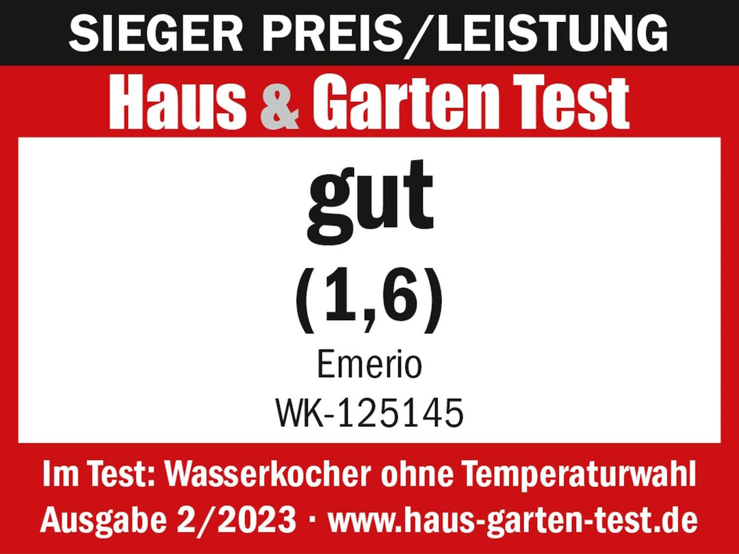 Emerio Glas Wasserkocher, 1.2 Liter, 2200 Watt, LED Innenbeleuchtung, 360° Basis, Borosilikatglas, B