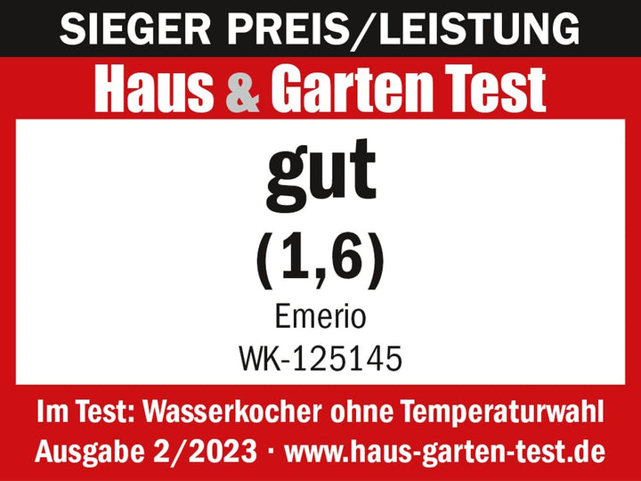 Emerio Glas Wasserkocher, 1.2 Liter, 2200 Watt, LED Innenbeleuchtung, 360° Basis, Borosilikatglas, B
