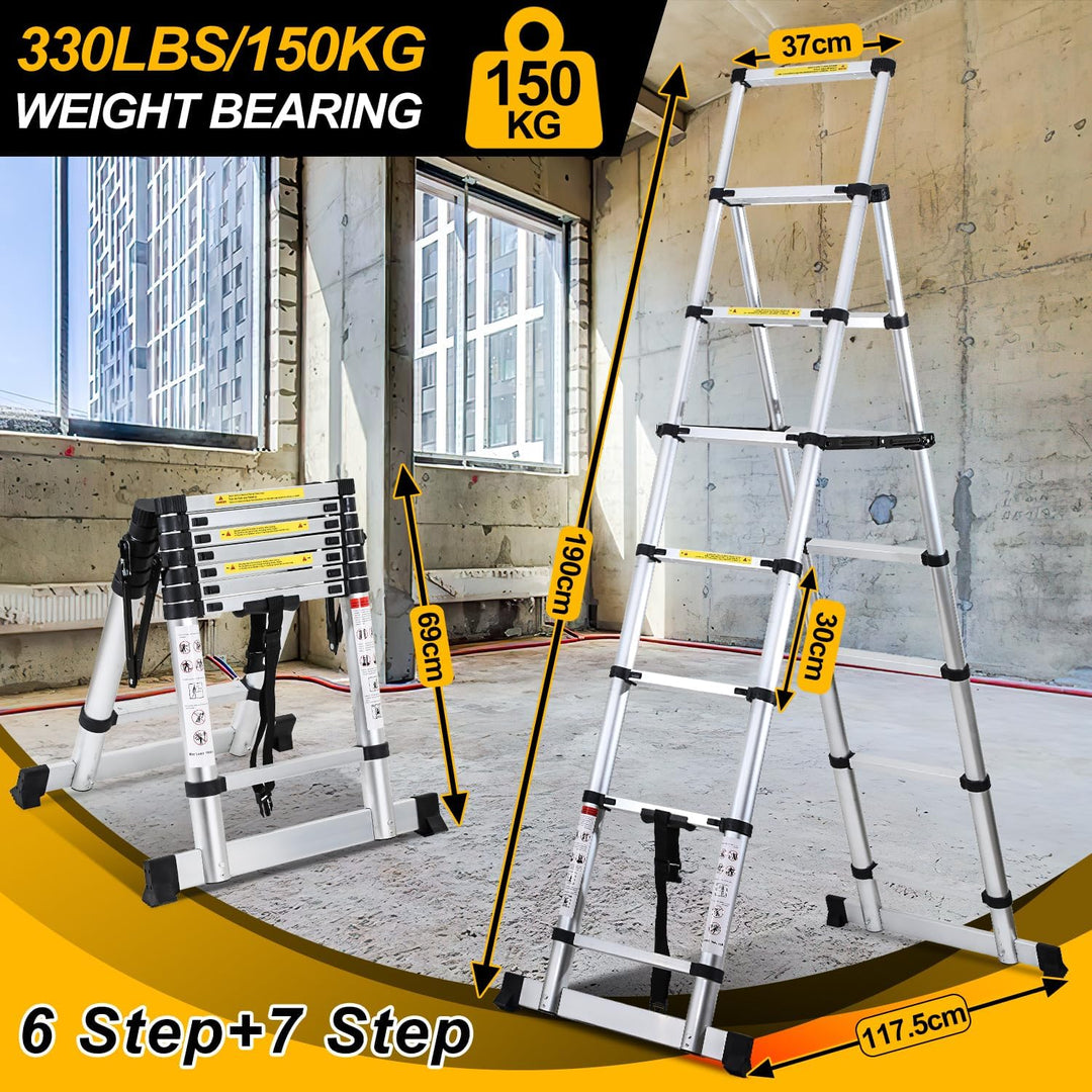 Fiqops 2.0M+2.3M Teleskopleiter 6 + 7 Stufen Klappleiter A-Rahmen Max Belastung 150 KG/330 Pfund, Al