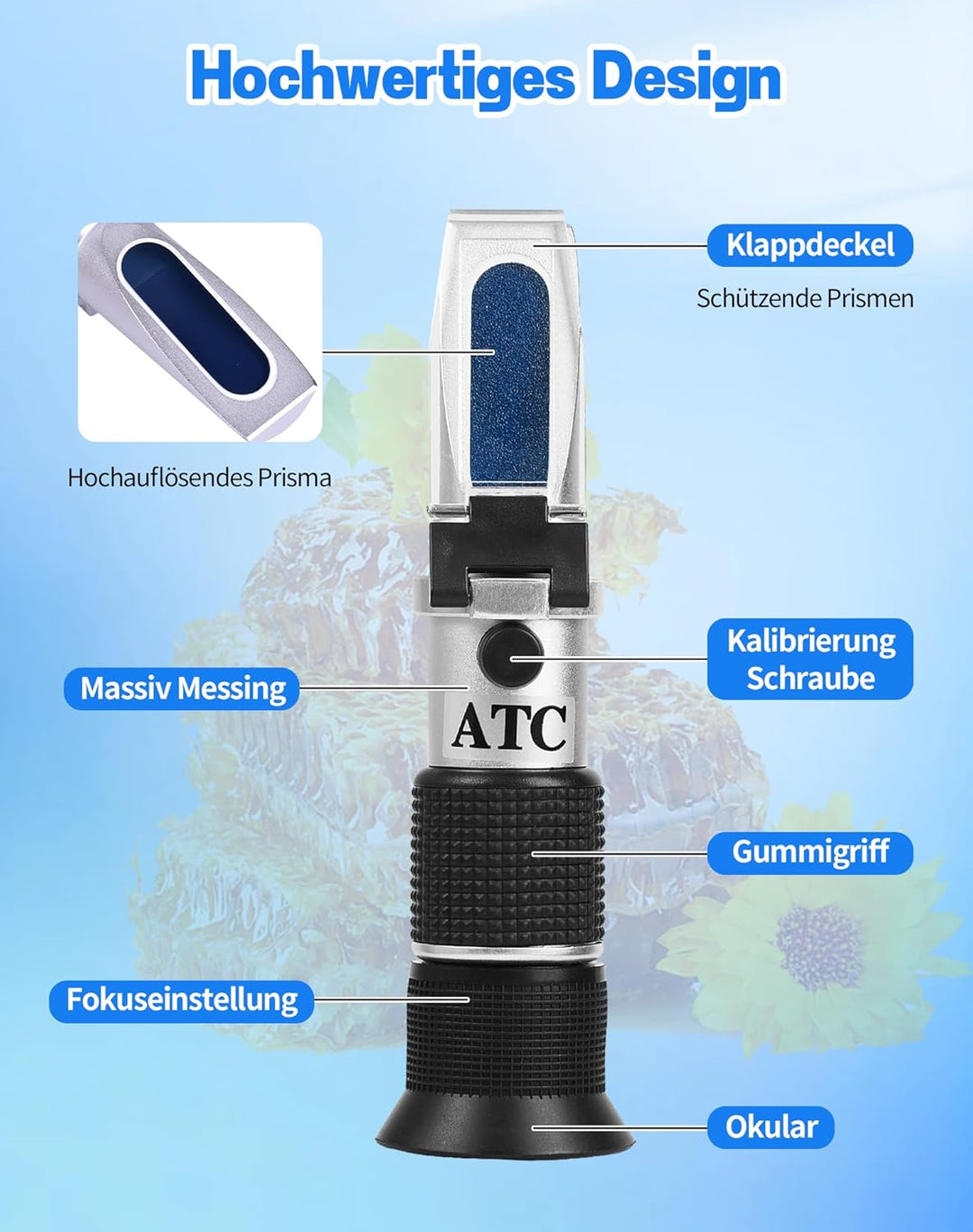 3 in 1 Honig Refraktometer mit ATC Imker Refraktometer Brix 58-92% Wassergehalt im Honig 12-27% Baum