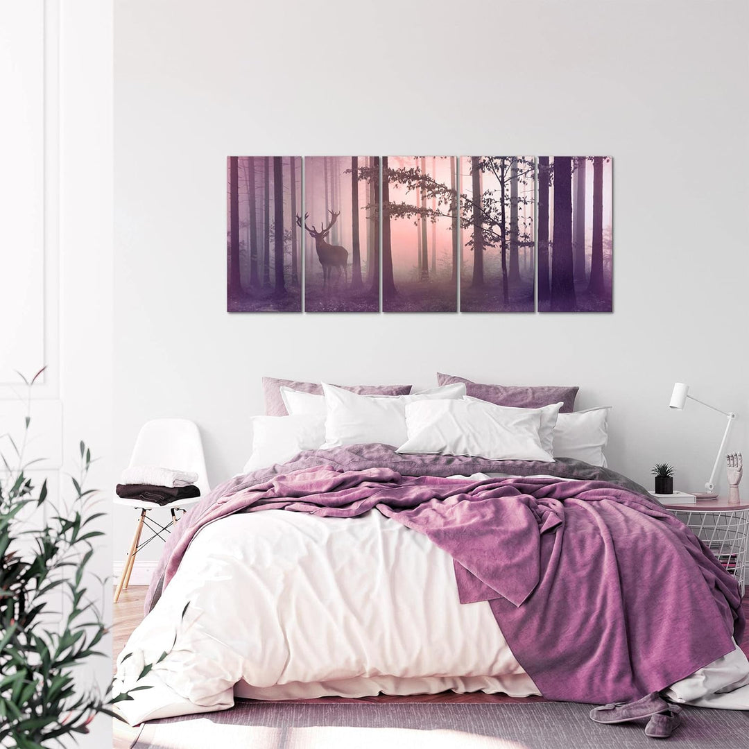 Runa Art Wandbild XXL Wald Hirsch Schlafzimmer Wohnzimmer 200 x 80 cm Rosa 5 Teilig - Made in German