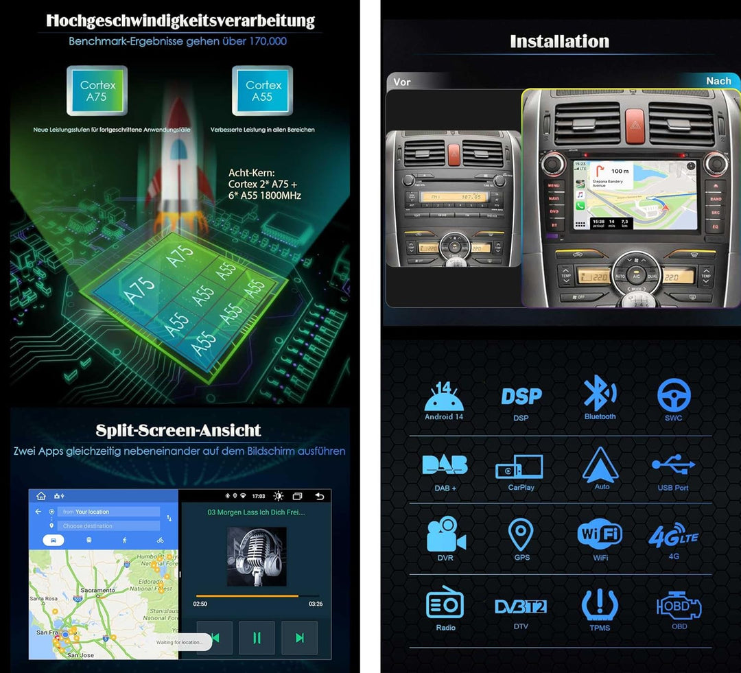 Erisin 7 Zoll 8-Kern 4GB RAM 64GB ROM Android 12 Autoradio Bluetooth GPS Navigation für Toyota Auris