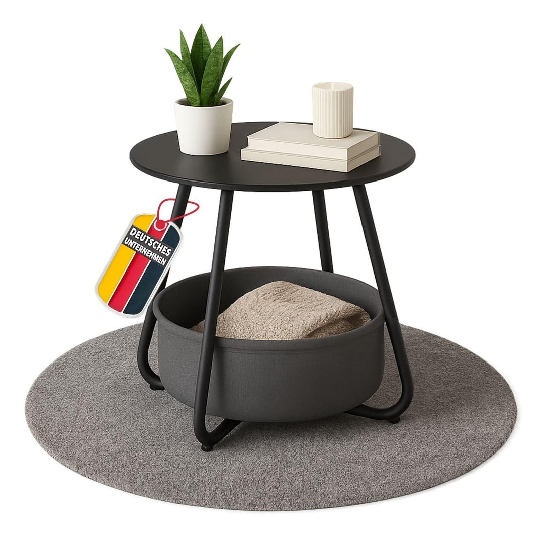 Coemo Couchtisch KOSI Schwarz aus Metall Ø 45 x 45 cm mit Aufbewahrungskorb Canvas, Beistelltisch ru