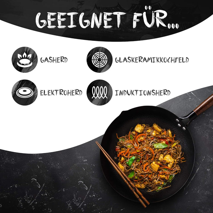 Wokpfanne + Abdeckung für jeden Herd (32 cm gross) handgehämmerte Wok Pfanne aus Karbonstahl mit Hol