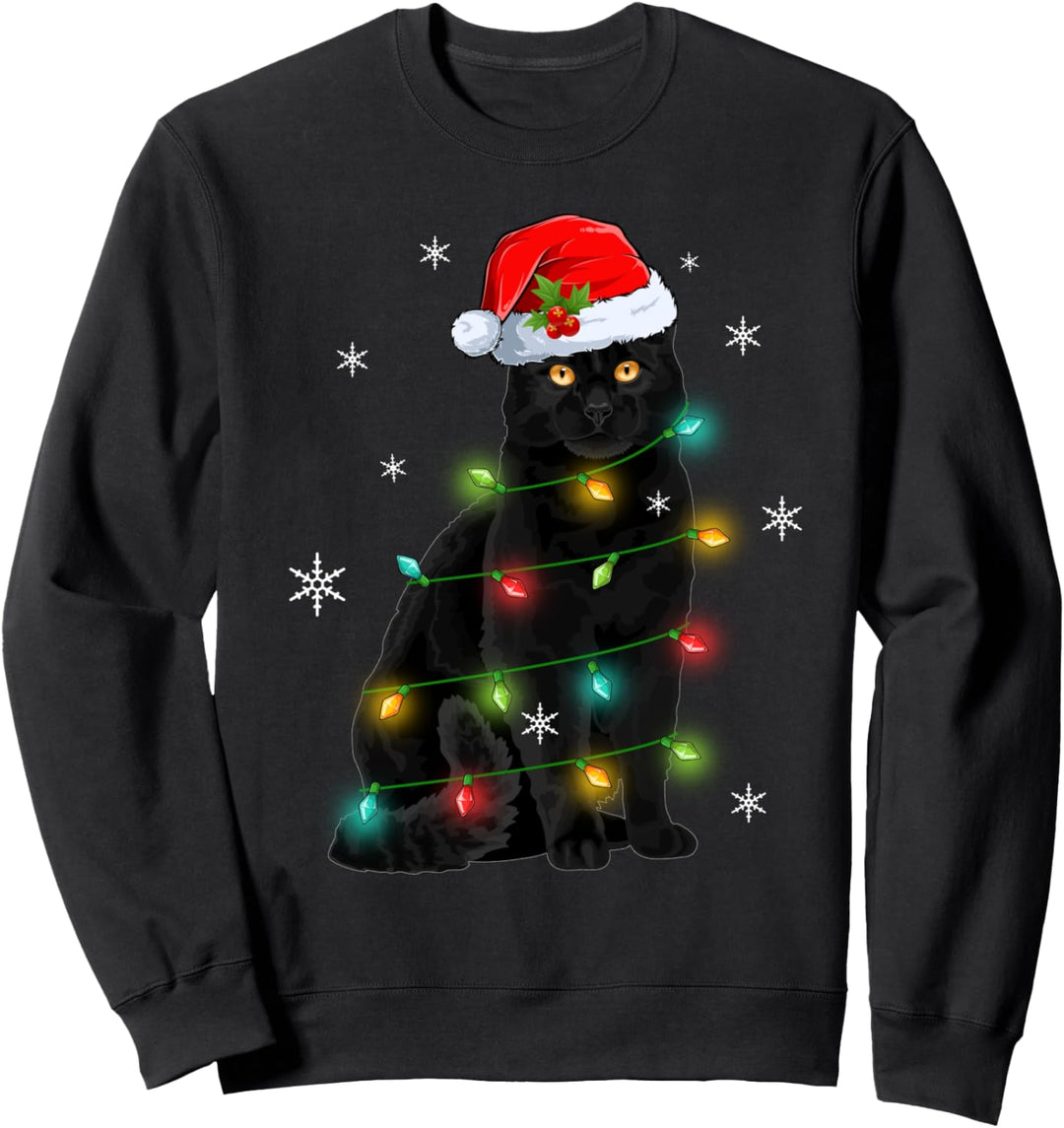 Lustiger Weihnachtsmann schwarze Katze & Weihnachtsbaum Lichter Weihnachten PJS Sweatshirt