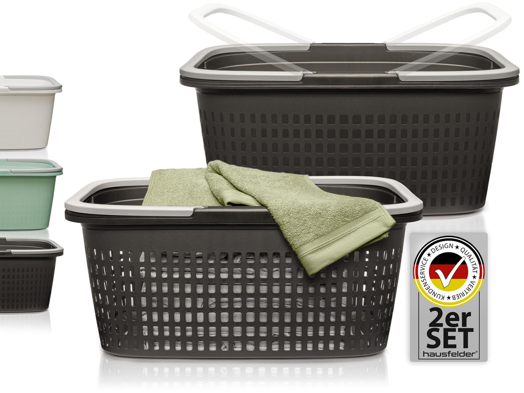 Hausfelder Wäschekorb mit Henkel 35L, Plastikkorb gross aus Kunststoff, Tragekorb für Wäsche mit Gri