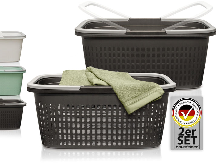 Hausfelder Wäschekorb mit Henkel 35L, Plastikkorb gross aus Kunststoff, Tragekorb für Wäsche mit Gri