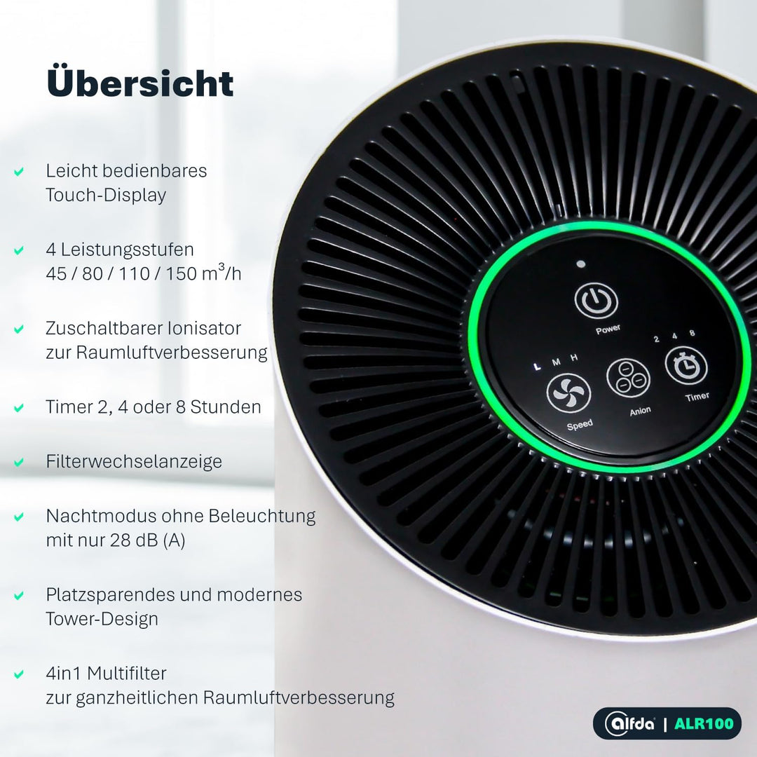 HEPA Luftreiniger alfda ALR100 mit 4in1 Multi-Filter, Ionisator, 150m³/h, bis 20 m², leiser SLEEP-Mo