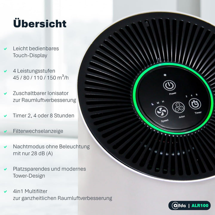 HEPA Luftreiniger alfda ALR100 mit 4in1 Multi-Filter, Ionisator, 150m³/h, bis 20 m², leiser SLEEP-Mo