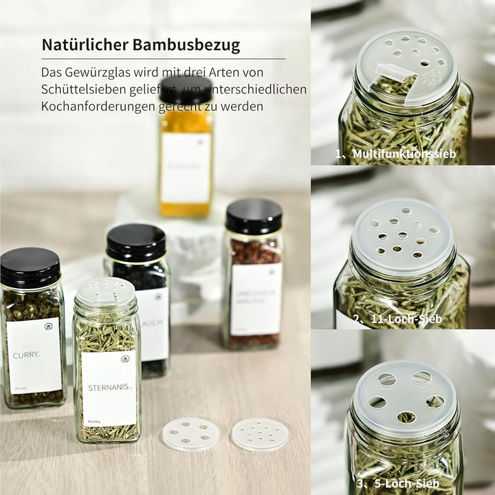 Miorkly Gewürzgläser mit Gewürzregal - 24 Eckige Gewürzdosen mit Etiketten 24 Aluminiumdeckel, 24 Al