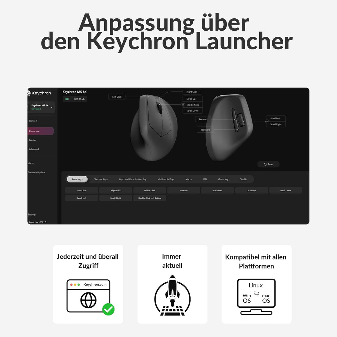 Keychron M5 8K ergonomische Vertikal-Gaming-Maus, 30 000 DPI, 750 IPS, 2,4 GHz/Bluetooth 5,3 / USB-C