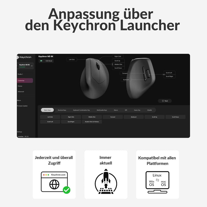 Keychron M5 8K ergonomische Vertikal-Gaming-Maus, 30 000 DPI, 750 IPS, 2,4 GHz/Bluetooth 5,3 / USB-C