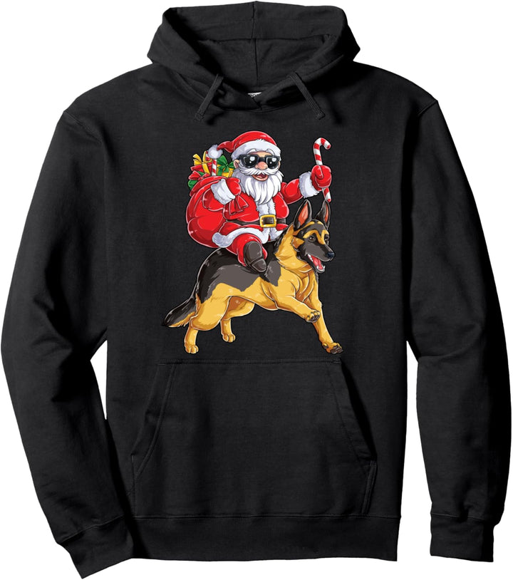 Christmas Santa Claus Riding German Shepherd Xmas Boys Dog Pullover Hoodie