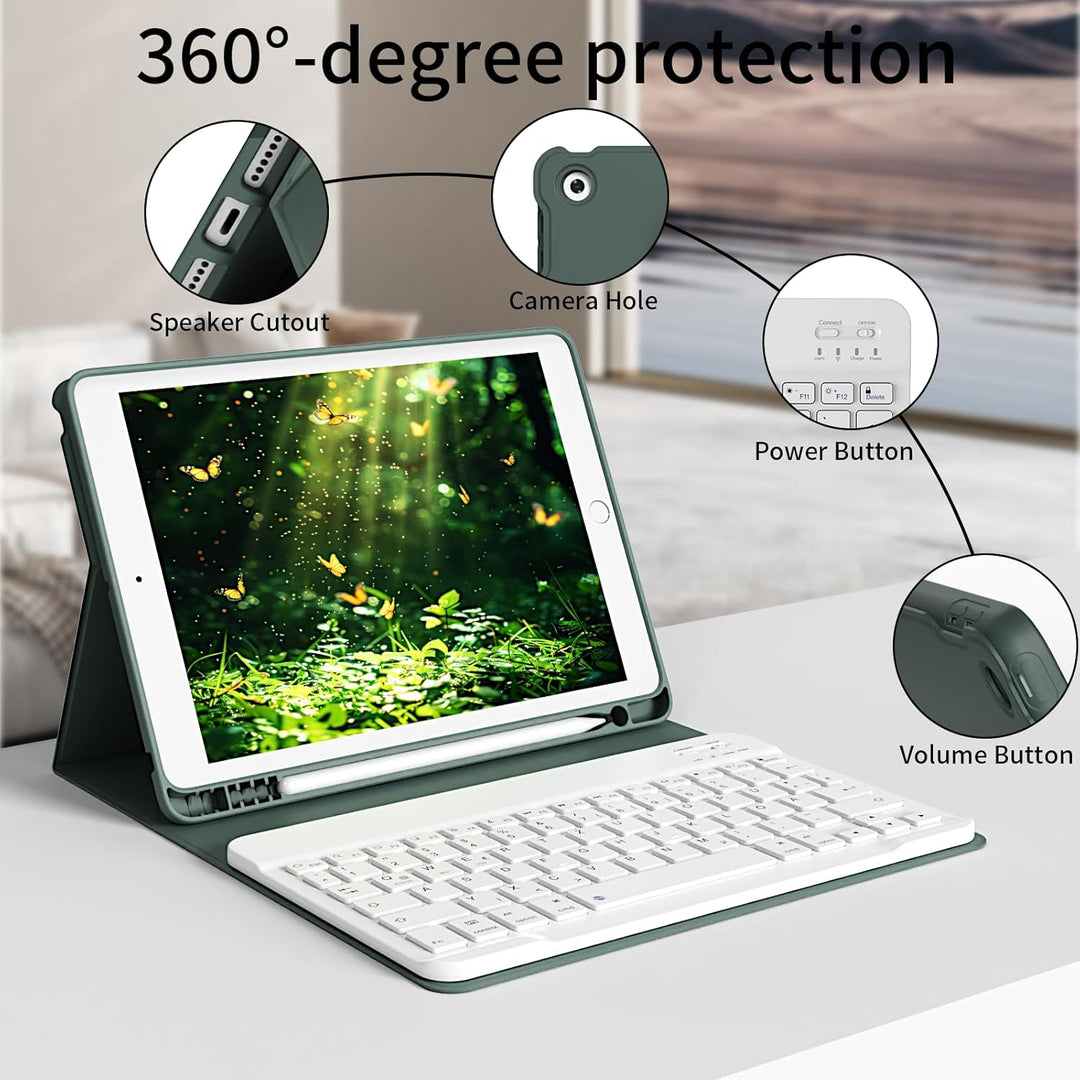 Hülle mit Tastatur für iPad 9./8./7. Generation 10,2 Zoll 2021/2020/2019, Abnehmbare kabellose Keybo