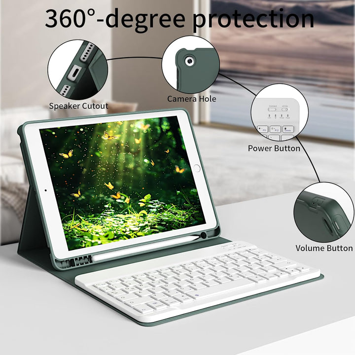 Hülle mit Tastatur für iPad 9./8./7. Generation 10,2 Zoll 2021/2020/2019, Abnehmbare kabellose Keybo
