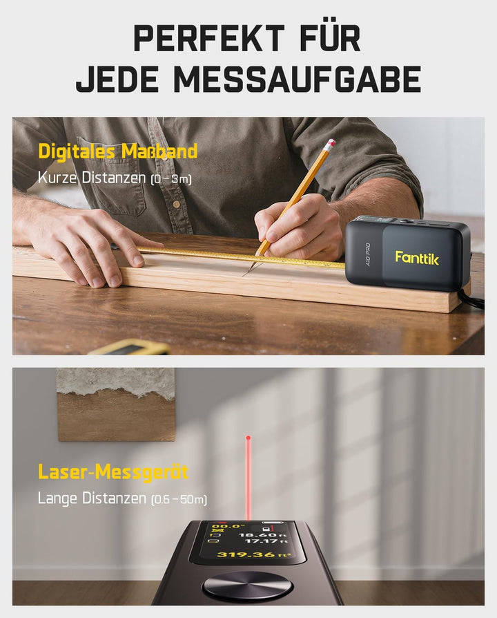 Fanttik A10 Pro 2-in-1 Digitales Laser Entfernungsmesser mit HD IPS-Farbdisplay, Wiederaufladbar 50m