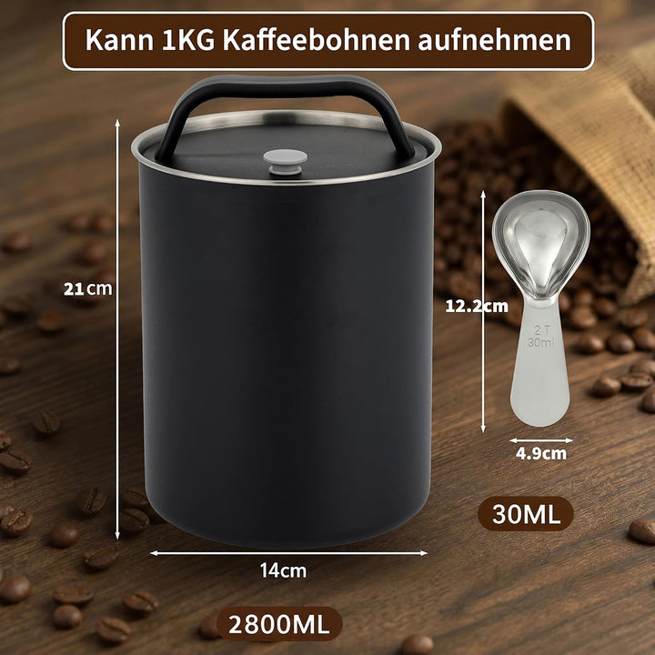 HAUSPROFI Kaffeedose Luftdicht für 1kg Kaffeebohnen, Kaffeebohnen Behälter mit Kaffeeportionierlöffe