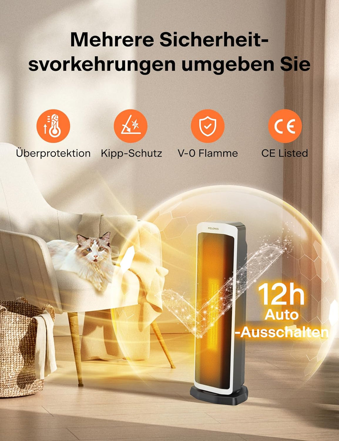 PELONIS Elektrischer Heizlüfter 2000W mit Fernbedienung, 3S Schnellheizung & ECO Modus, 75° Oszillat
