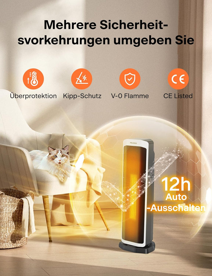 PELONIS Elektrischer Heizlüfter 2000W mit Fernbedienung, 3S Schnellheizung & ECO Modus, 75° Oszillat