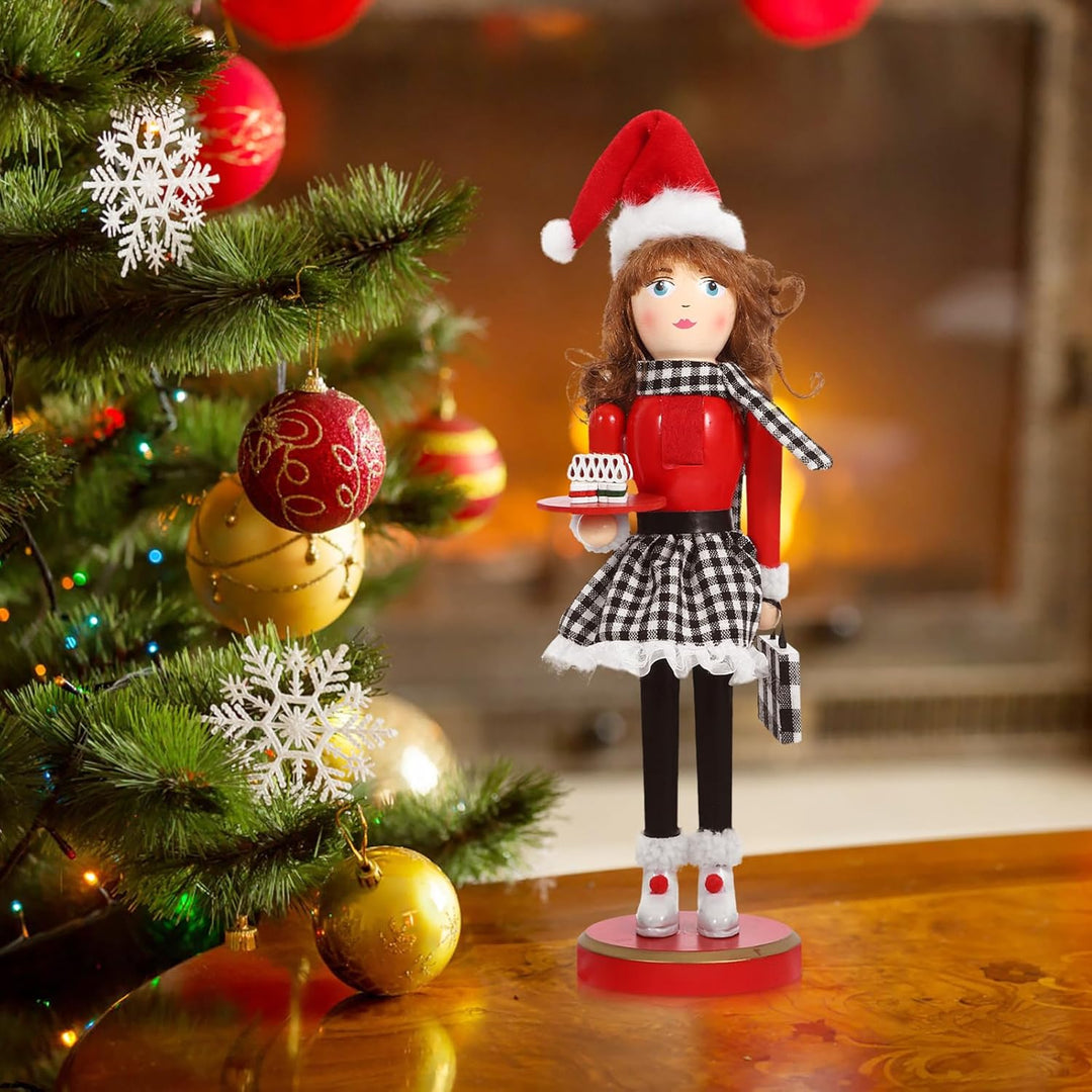 Ciieeo Weihnachtsfrau-Nussknacker Roter Back-Nussknacker Hölzerne -Ornamente Traditionelle -Puppen F