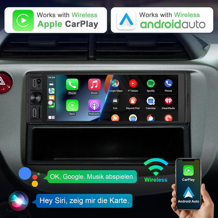 1Din Car Radio with Wireless Carplay &amp; Android Auto, Bluetooth Autoradio 1Din mit 6,28 Zoll HD IPS B