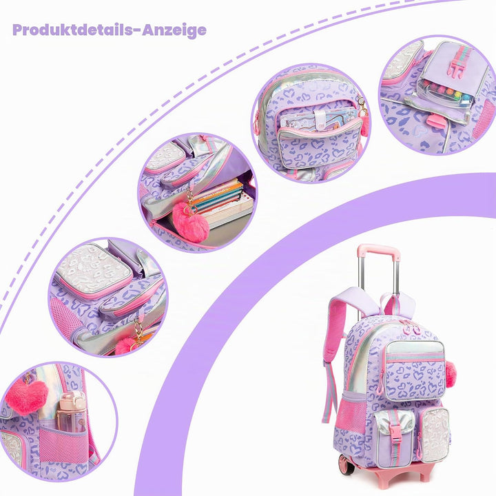 HTgroce Schulranzen Mit Rollen Kinder Trolley Rucksack Mädchen Rolling Reisegepäck Kinderkoffer Schu