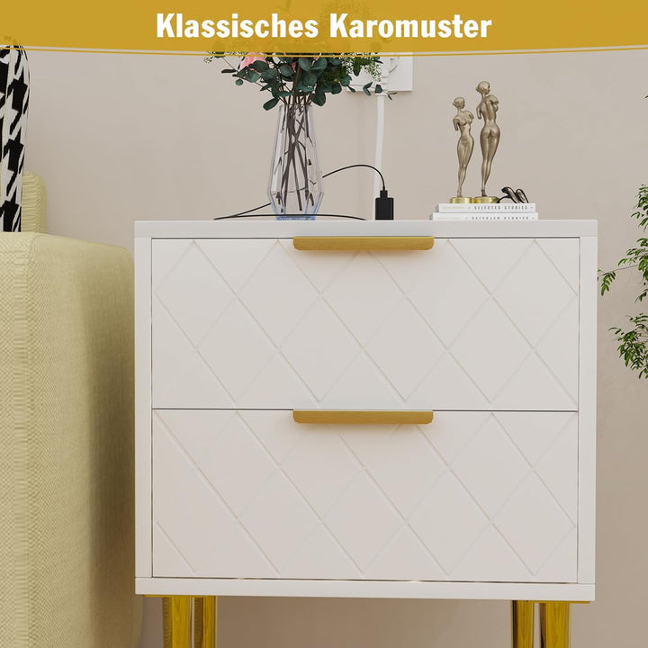Nachttisch mit Ladestation, 2er Set, Nachtschrank mit 2 Schublade, 2 AC-Steckdosen, 2 USB-Anschlüsse