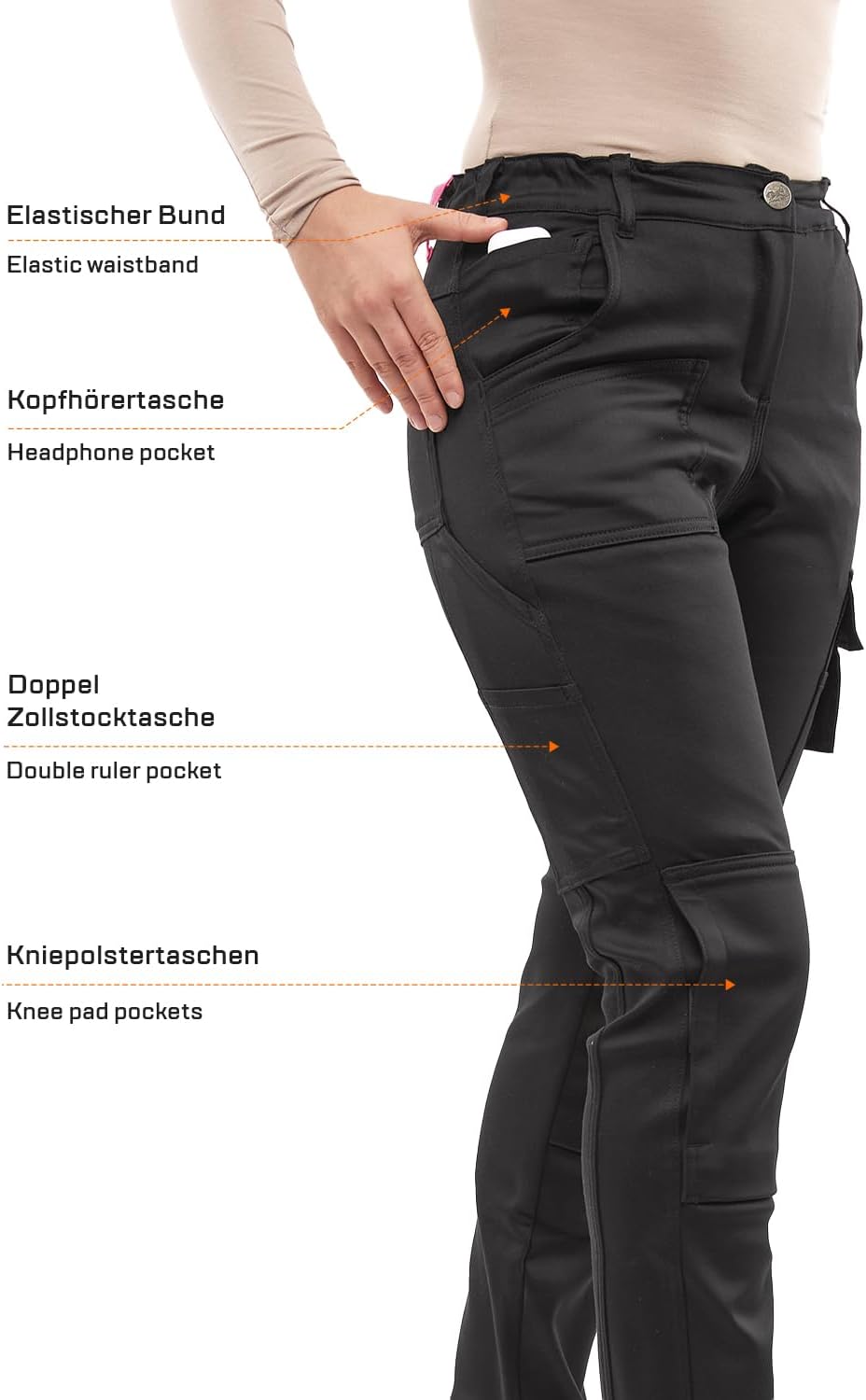 strongAnt Damen Arbeitshose komplett Stretch für Frauen Bundhose mit Kniepolstertaschen Schwarz Grau