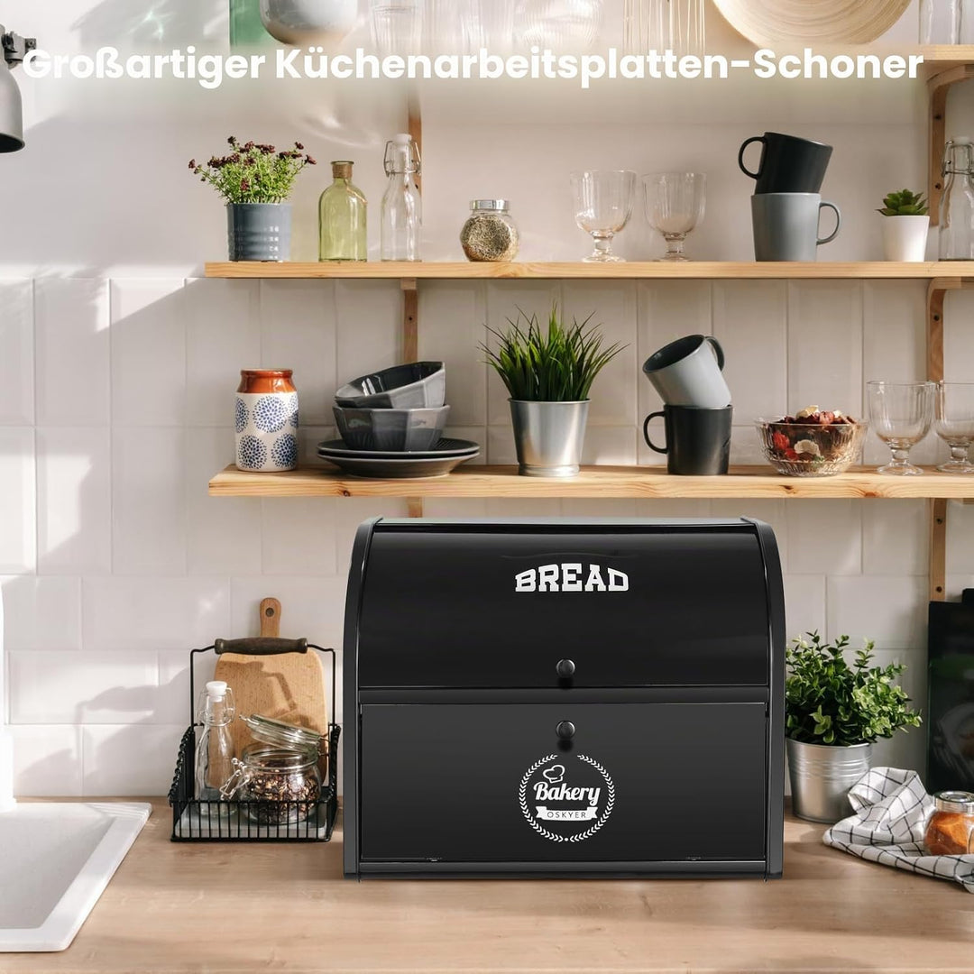 Edelstahl Brotkasten 2 Etagen mit Rolltop Deckel, extragrosser Brotbox Schwarz, Metall Brotbehälter