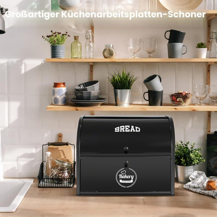 Edelstahl Brotkasten 2 Etagen mit Rolltop Deckel, extragrosser Brotbox Schwarz, Metall Brotbehälter