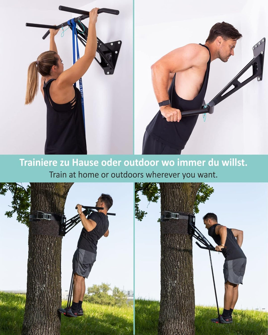 PULLUP & DIP Premium Klimmzugstange und Dip Stange, Mobil für Wand und Befestigung an Baum & Pfosten