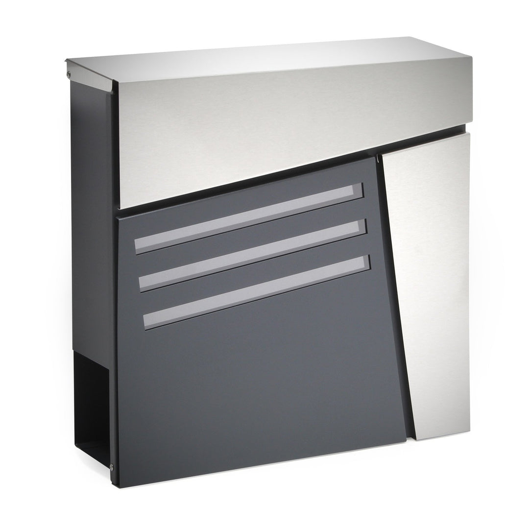 Wiltec Designer Briefkasten V25 Anthrazit und Edelstahl 370 x 105 x 370 mm, Wandbriefkasten mit Schl
