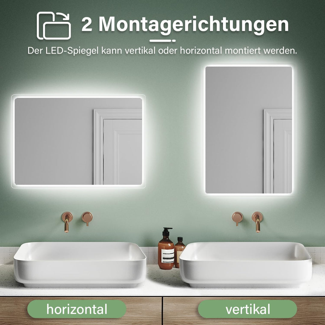 SUNXURY Badspiegel mit Beleuchtung 60 x 80cm WandSchalter Lichtspiegel Horizontale und vertikale Auf