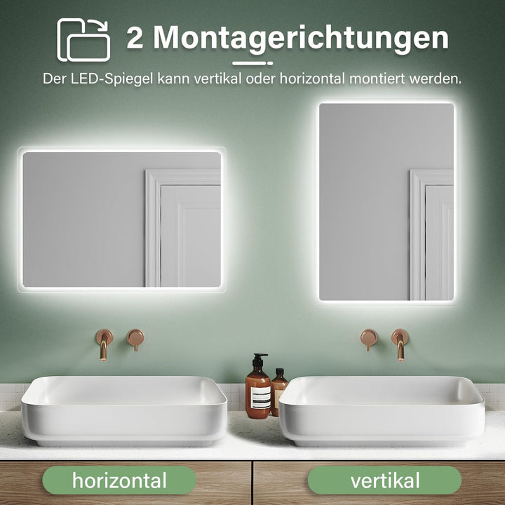SUNXURY Badspiegel mit Beleuchtung 60 x 80cm WandSchalter Lichtspiegel Horizontale und vertikale Auf