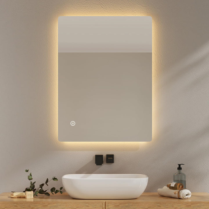 EMKE Badspiegel mit Beleuchtung 60x80cm, Badezimmerspiegel mit Beschlagfrei, 3 Lichtfarben dimmbar,