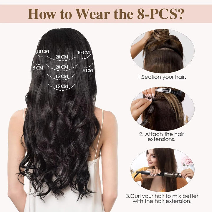 TESS 50 cm Clip in Extensions Echthaar Dunkelbraun 8 PCS Hair Extensions Clip in Echthaar 70g Braun