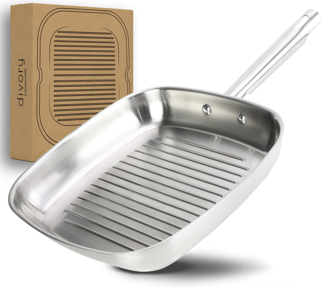 DIVORY Grillpfanne gerillt 28 x 28cm, unbeschichtete Steakpfanne aus Edelstahl - Induktion, backofen