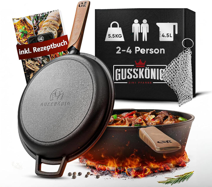 GUSSKÖNIG Dutch Oven - 2 in 1 Eingebrannter Gusseisen Topf 3L & Gusspfanne 1,5L - Cast Iron Pot mit