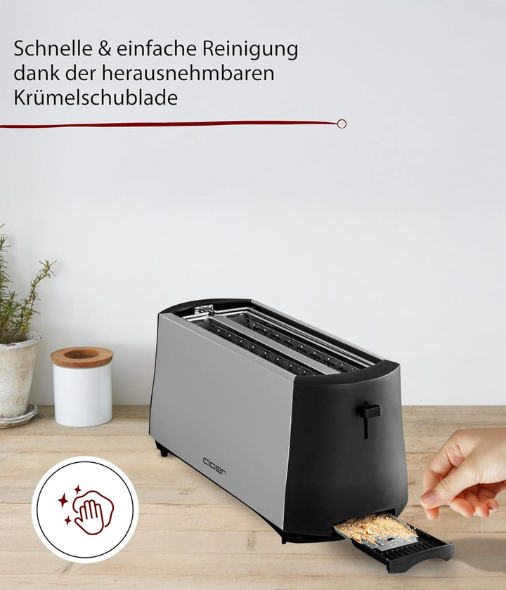 Cloer 3710 Langschlitztoaster für 4 Toastscheiben / 1380 W / integrierter Brötchenaufsatz / Nachhebe