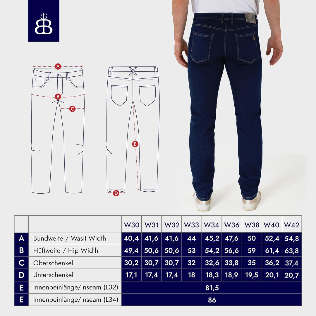 BARBONS Herren Jeans - Bügelleicht - Regular-Fit Stretch - Business Freizeit - Hochwertige Jeans-Hos