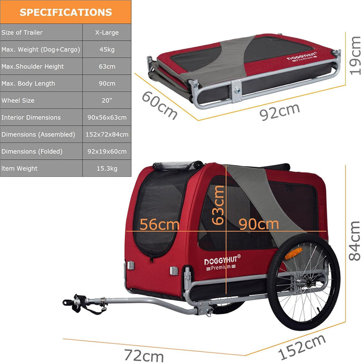 DOGGYHUT® Premium XL Hundefahrradanhänger bis 45 kg Fahrradanhänger für Hunde Hundeanhänger für Fahr