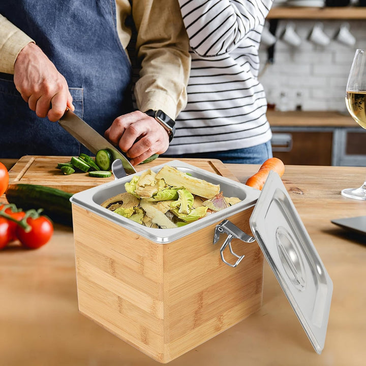 Komposteimer Küchen-Arbeitsplatte, Hölzerner Küchenkompostbehälter, Bio-Mülleimer, Edelstahlbehälter