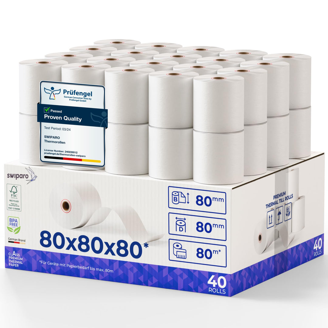 SWIPARO - Thermorollen 80mm x 80m x 12mm - Kassenrollen - Bonrollen zertifiziert für Registrierkasse
