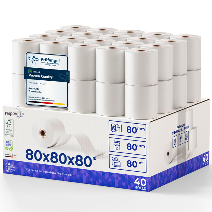 SWIPARO - Thermorollen 80mm x 80m x 12mm - Kassenrollen - Bonrollen zertifiziert für Registrierkasse
