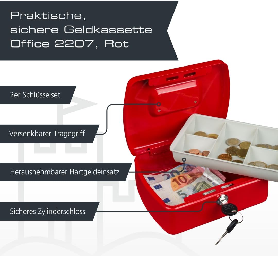 Burg-Wächter Geldkassette abschliessbar mit Schlüssel und Hartgeldeinsatz, Stahlblech, Office 2207,