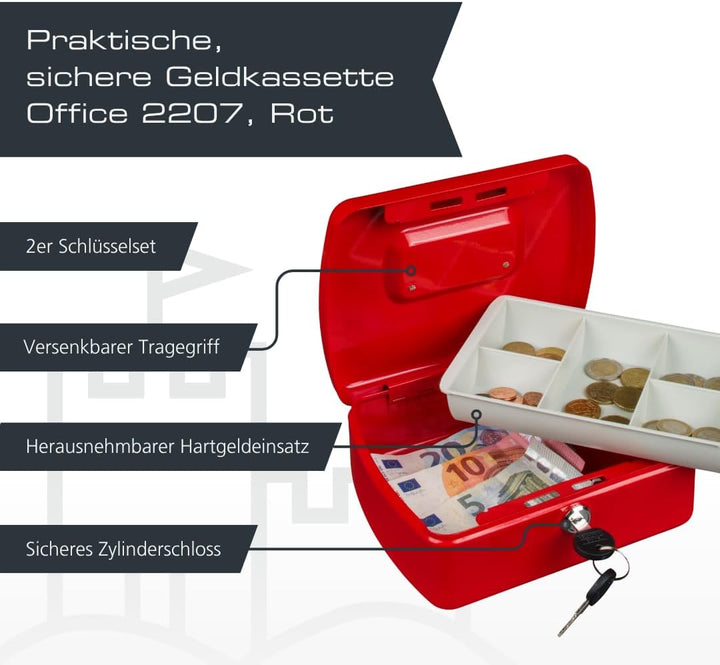 Burg-Wächter Geldkassette abschliessbar mit Schlüssel und Hartgeldeinsatz, Stahlblech, Office 2207,